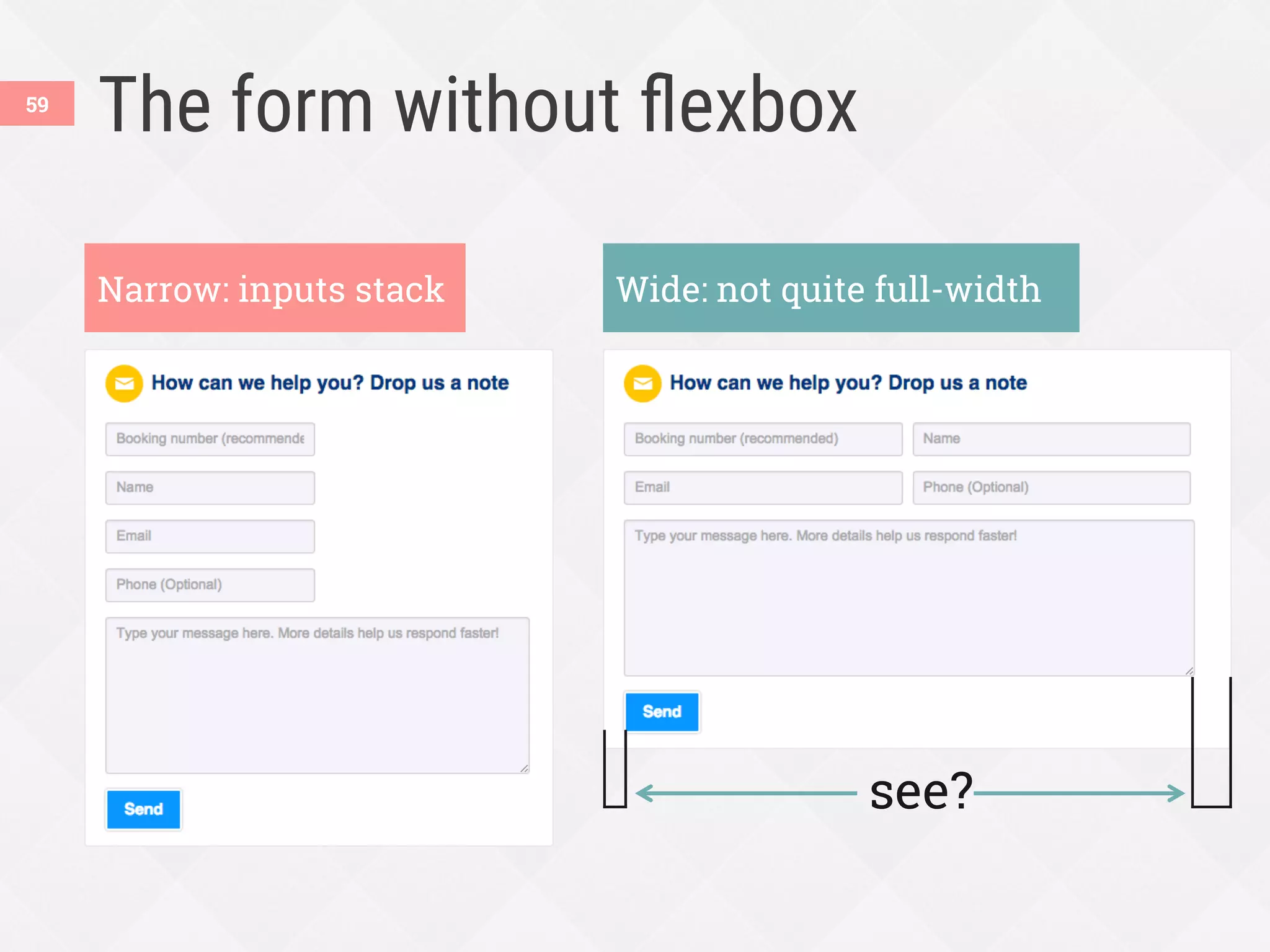 The form without ﬂexbox
Narrow: inputs stack Wide: not quite full-width
see?
59
 
