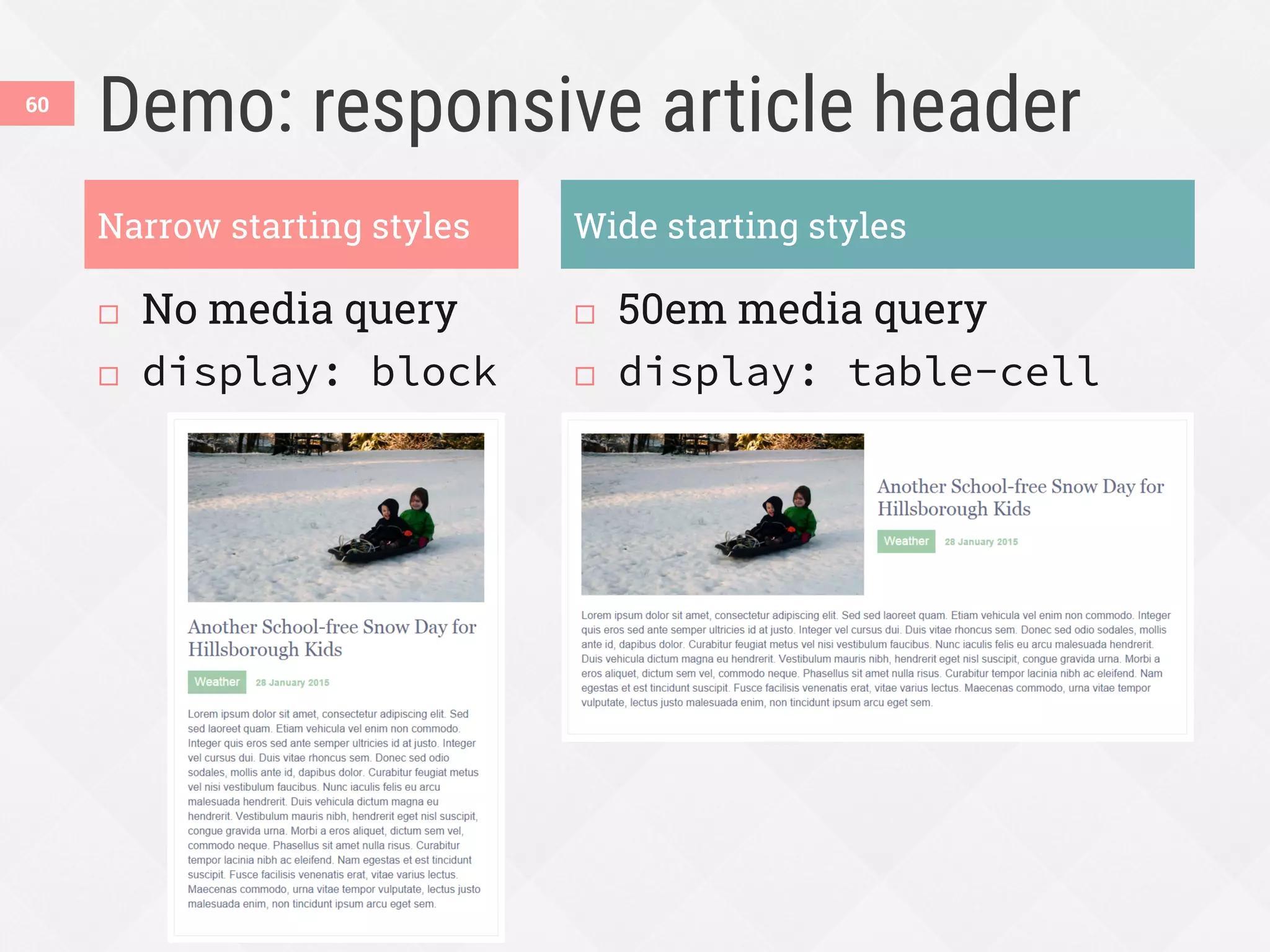 Demo: responsive article header
¨  No media query
¨  display: block
¨  50em media query
¨  display: table-cell
60
Narrow starting styles Wide starting styles
 
