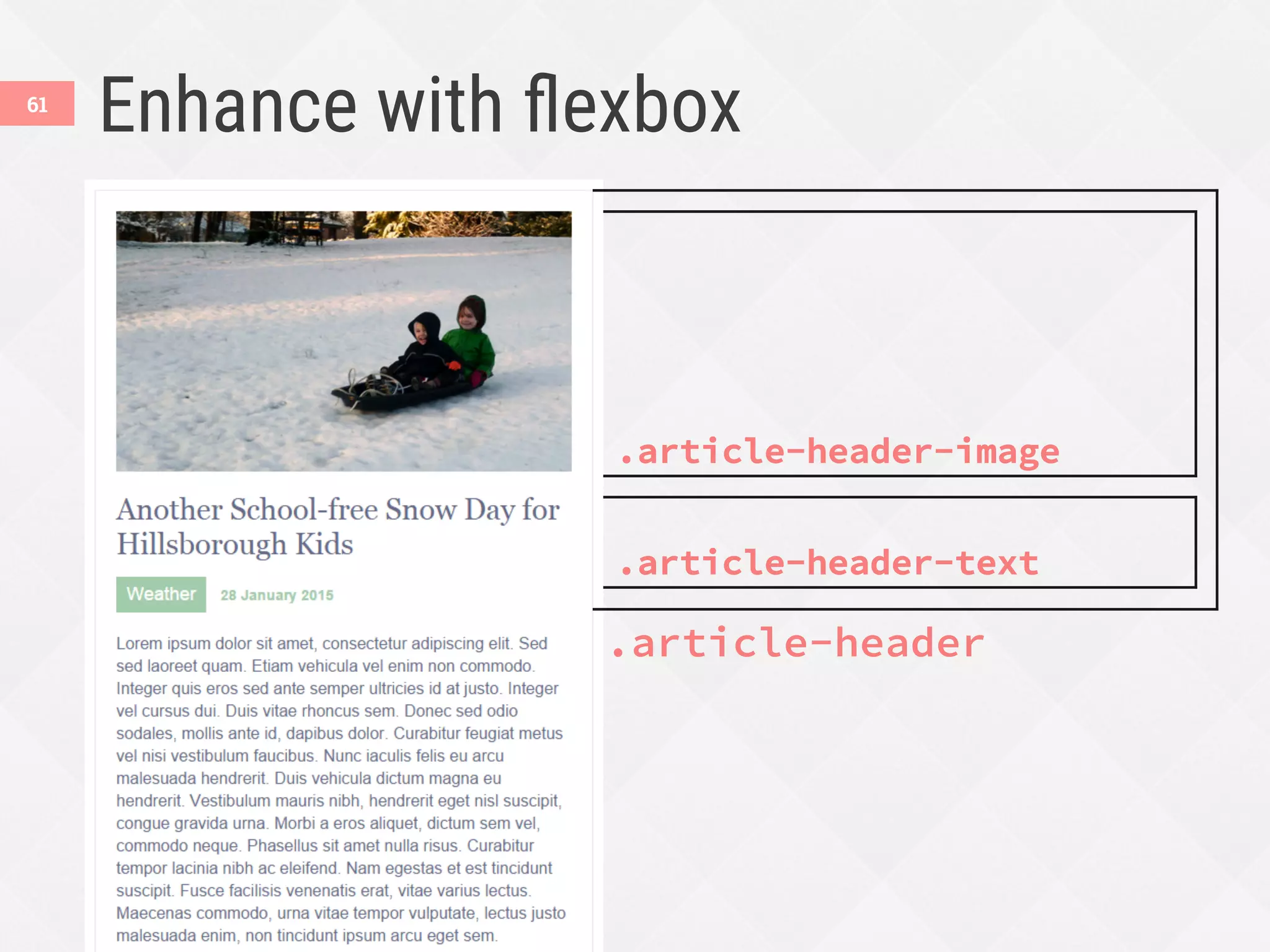 Enhance with ﬂexbox
61








.article-header
.article-header-image
.article-header-text
 