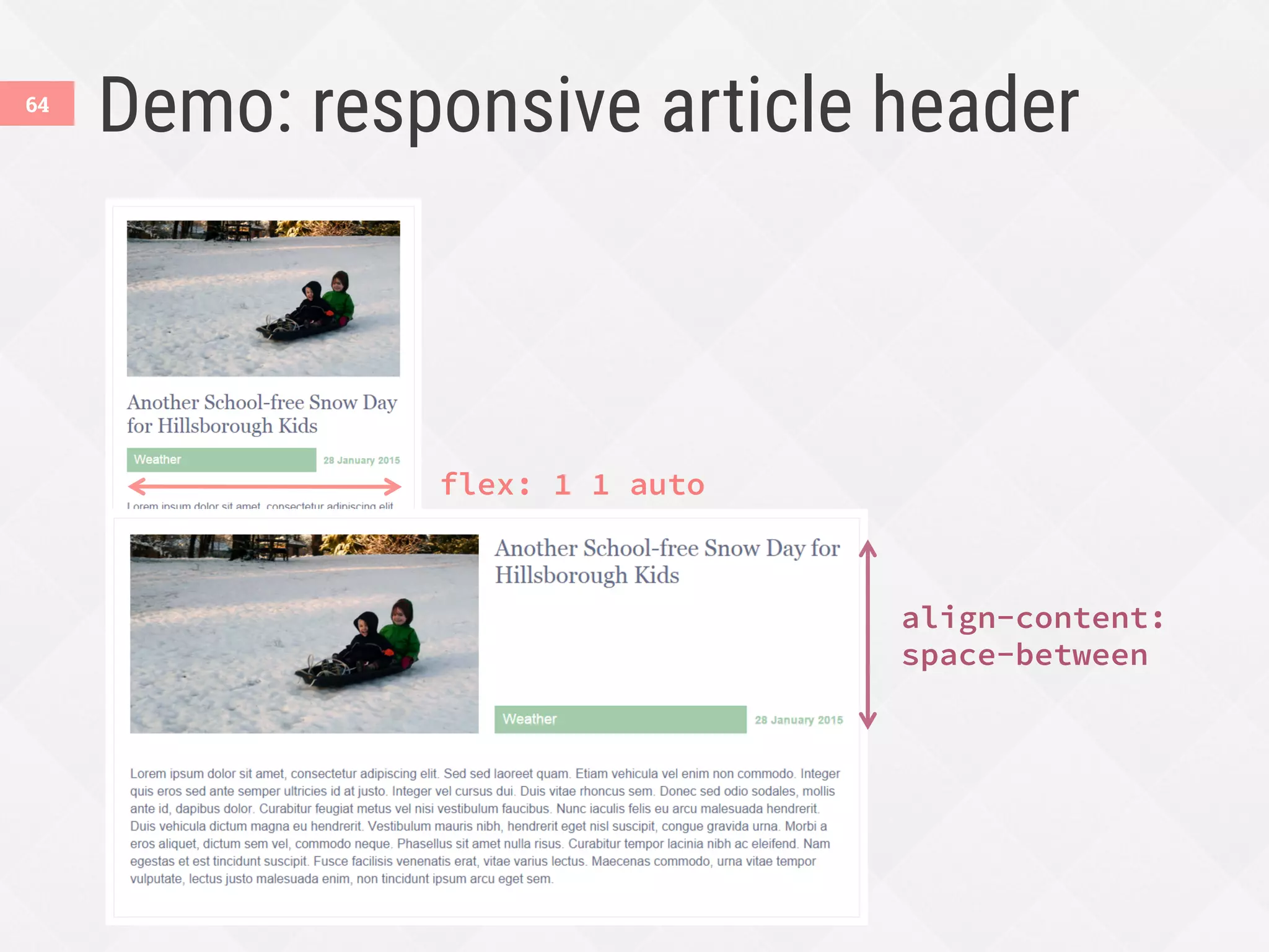 Demo: responsive article header
64
flex: 1 1 auto
align-content:
space-between
 