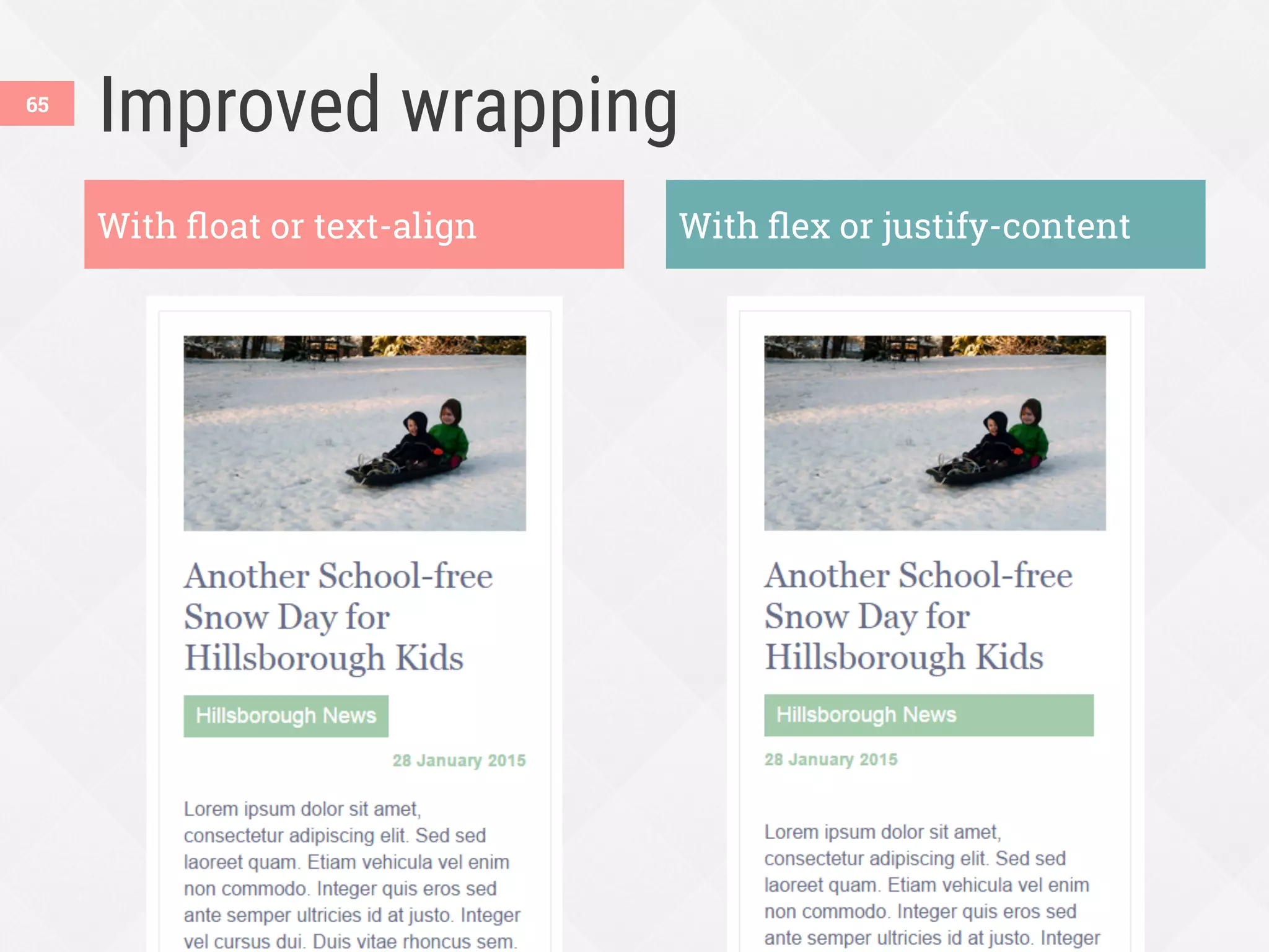 Improved wrapping
65
With ﬂoat or text-align With ﬂex or justify-content
 