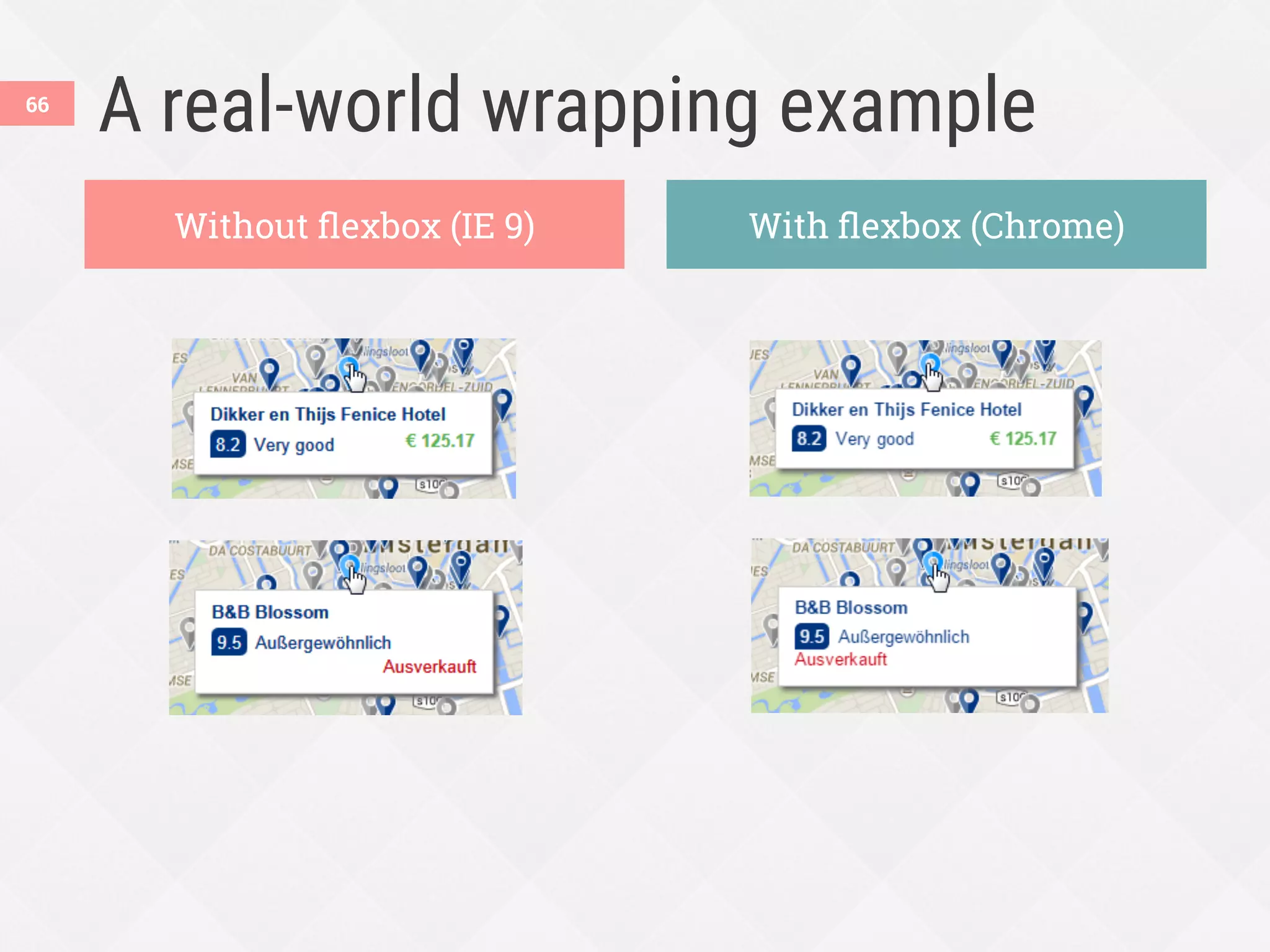 A real-world wrapping example
Without ﬂexbox (IE 9) With ﬂexbox (Chrome)
66
 