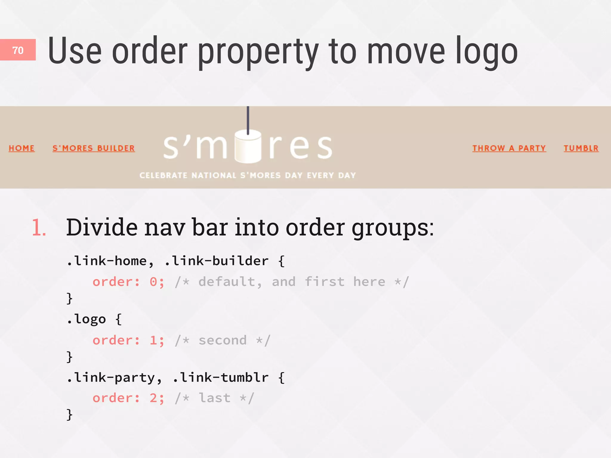 Use order property to move logo
1.  Divide nav bar into order groups:
.link-home, .link-builder {

order: 0; /* default, and first here */
}
.logo {

order: 1; /* second */
}
.link-party, .link-tumblr {

order: 2; /* last */
}
70
 