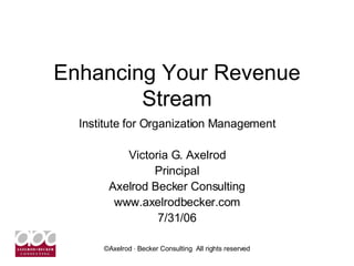 Enhancing Your Revenue Stream Institute for Organization Management Victoria G. Axelrod Principal Axelrod Becker Consulting www.axelrodbecker.com 7/31/06 