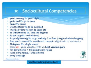 10 Sociocultural Competencies
     good evening Vs. good night
     go to bed Vs. go to sleep
     home Vs. house
     win the Oscar Vs. to be awarded
     I have 20 years Vs. I am 20 years old
     To walk the dog Vs. take the dog out
     To eat soup Vs. to drink soup
     To go sightseeing Vs. to go walking / on foot / to go window shopping
     One word concept Vs. multiword concept: a light switch / interruptor
     Sintagma Vs. single words
     Carne de—vaca, venado, cerdo Vs. beef, venison, pork
     I’m going home / I’m going to my house
     I was in my house / I was at home
     Body language
November 17th, 2011

                      rodolfo.chaviano@uam.edu.ni
 