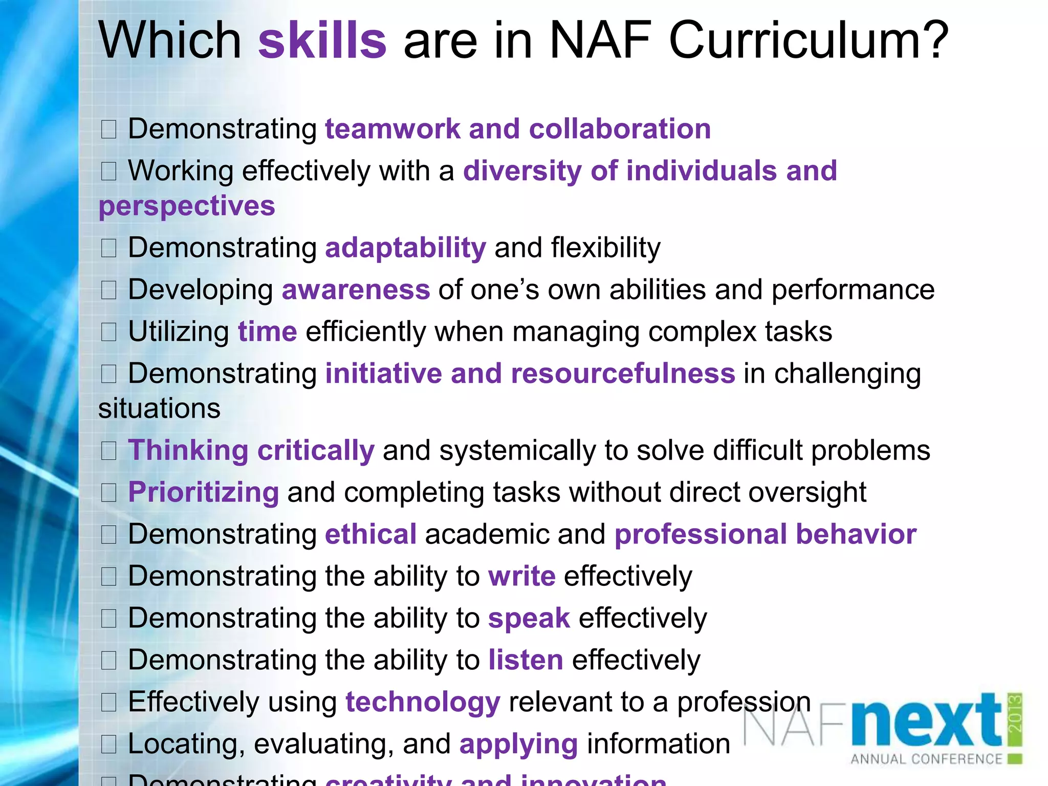 Which skills are in NAF Curriculum?
Demonstrating teamwork and collaboration
Working effectively with a diversity of individuals and
perspectives
Demonstrating adaptability and flexibility
Developing awareness of one‟s own abilities and performance
Utilizing time efficiently when managing complex tasks
Demonstrating initiative and resourcefulness in challenging
situations
Thinking critically and systemically to solve difficult problems
Prioritizing and completing tasks without direct oversight
Demonstrating ethical academic and professional behavior
Demonstrating the ability to write effectively
Demonstrating the ability to speak effectively
Demonstrating the ability to listen effectively
Effectively using technology relevant to a profession
Locating, evaluating, and applying information
 