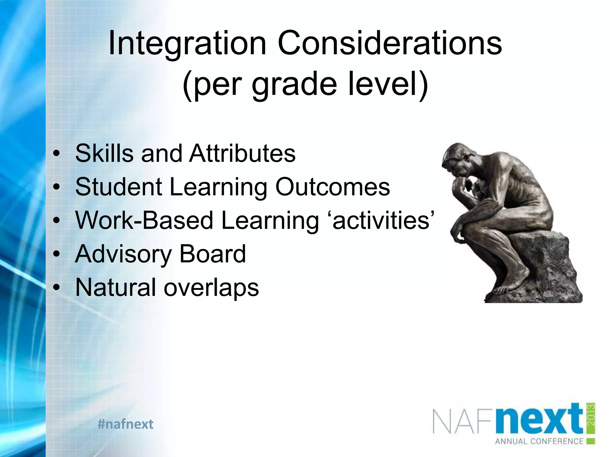 #nafnext
Integration Considerations
(per grade level)
• Skills and Attributes
• Student Learning Outcomes
• Work-Based Learning „activities‟
• Advisory Board
• Natural overlaps
 