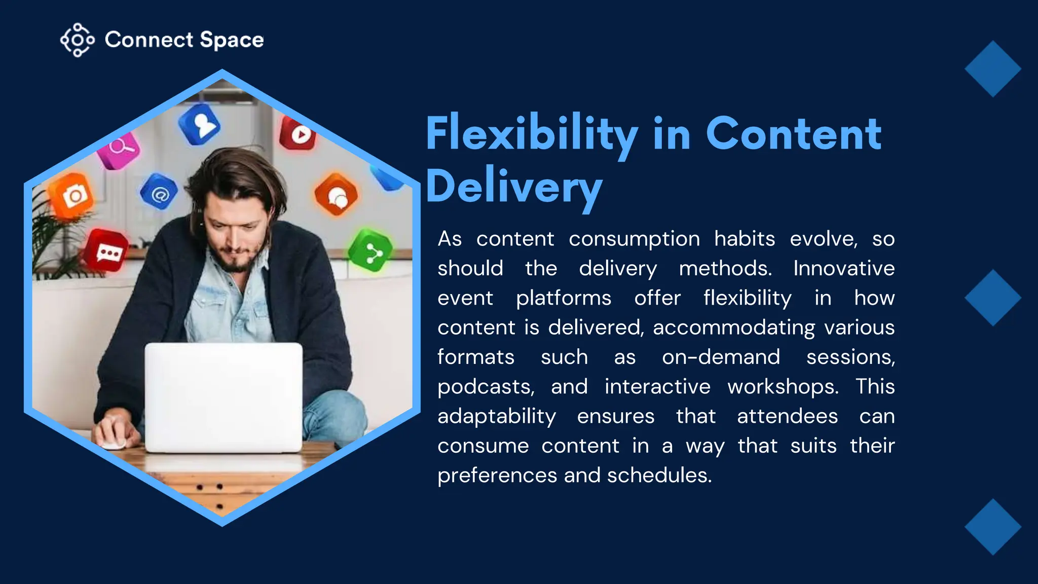 As content consumption habits evolve, so
should the delivery methods. Innovative
event platforms offer flexibility in how
content is delivered, accommodating various
formats such as on-demand sessions,
podcasts, and interactive workshops. This
adaptability ensures that attendees can
consume content in a way that suits their
preferences and schedules.
 