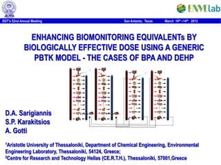SOT’s 52nd Annual Meeting                                                                                                                                                           San Antonio, Texas                                                                                                March 10th –14th 2013



               ENHANCING BIOMONITORING EQUIVALENTs BY
             BIOLOGICALLY EFFECTIVE DOSE USING A GENERIC
                PBTK MODEL - THE CASES OF BPA AND DEHP
                                                                                       BPA - Glu &
                                                                                       BPA – Sulf
                                                                                       formation




                                               GI tract – portal vein                                                            GI tract – portal vein

                                                                                                                                                                                                                                              BPA - Glu &
                                                                                                                                                                                                                                              BPA – Sulf
                                                                                                                                                                                                                                              formation




                                                                                                                                                                                                      GI tract – portal vein                                                 GI tract – portal vein




                                                   Liver                                                                             Liver




                                                                                                                                                                                                          Liver                                                                  Liver



                                                  Heart                                                                             Heart




                                                                                                                                                                                                         Heart                                                                  Heart

                                                   Brain                                                                             Brain




                                                                                                                                                                                                          Brain                                                                  Brain




                                                 Muscles                                                                           Muscles




                                                                                                                                                                                                        Muscles                                                                Muscles



                                                   Skin                                                                              Skin




                                                                                                                                                                                                          Skin                                                                   Skin

                                                 Kidneys                                                                           Kidneys




                                                                                                                                                                                                        Kidneys                                                                Kidneys

                                                 Adipose                                                                           Adipose




                                                                                                                                                                                                        Adipose                                                                Adipose



                                                  Bones                                                                             Bones




 D.A. Sarigiannis
                                                                                                                                                                                                         Bones                                                                  Bones



                                                  Breast                                                                            Breast




                                                                                                                                                                                                             Gonads                                                                 Gonads


                                                                                                     Placenta
                                                  Uterus - gonads                                                                   Uterus - gonads                      Placenta




 S.P. Karakitsios
                                                                                                                                                                                                         Lungs                                                                  Lungs



                              Arterial blood      Lungs                 Venous blood                            Arterial blood      Lungs                 Venous blood               Arterial blood                            Venous blood                 Arterial blood                             Venous blood




 A. Gotti
 1AristotleUniversity of Thessaloniki, Department of Chemical Engineering, Environmental
 Engineering Laboratory, Thessaloniki, 54124, Greece;
 2Centre for Research and Technology Hellas (CE.R.T.H.), Thessaloniki, 57001,Greece
 