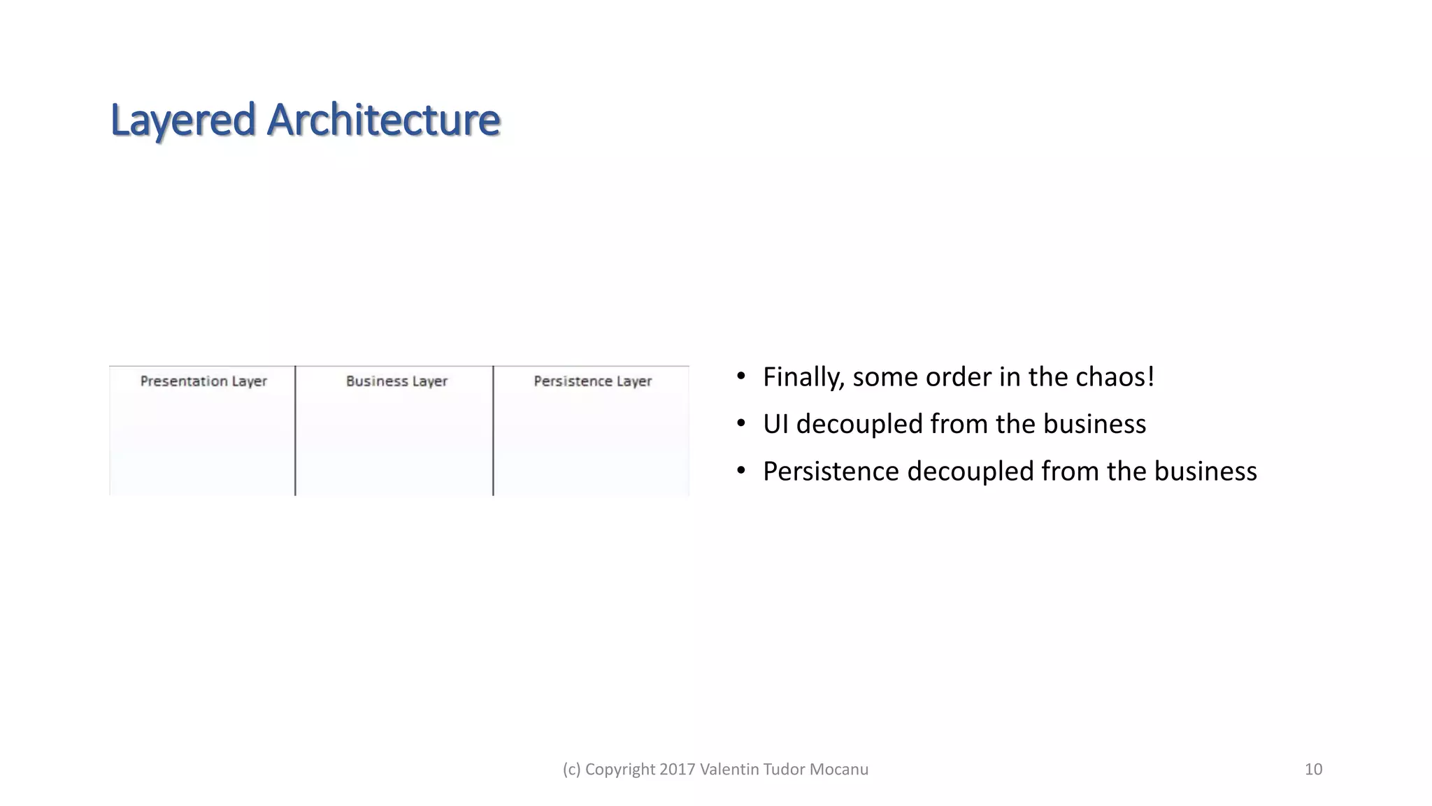 Layered Architecture
• Finally, some order in the chaos!
• UI decoupled from the business
• Persistence decoupled from the business
(c) Copyright 2017 Valentin Tudor Mocanu 10
 