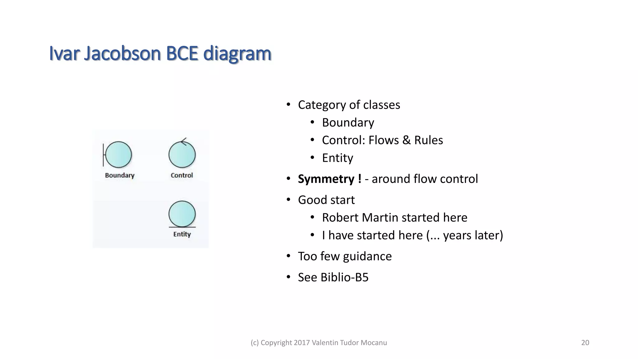 Ivar Jacobson BCE diagram
• Category of classes
• Boundary
• Control: Flows & Rules
• Entity
• Symmetry ! - around flow control
• Good start
• Robert Martin started here
• I have started here (... years later)
• Too few guidance
• See Biblio-B5
(c) Copyright 2017 Valentin Tudor Mocanu 20
 