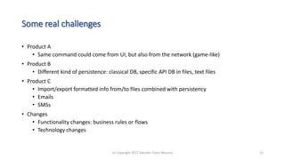 Some real challenges
• Product A
• Same command could come from UI, but also from the network (game-like)
• Product B
• Different kind of persistence: classical DB, specific API DB in files, text files
• Product C
• Import/export formatted info from/to files combined with persistency
• Emails
• SMSs
• Changes
• Functionality changes: business rules or flows
• Technology changes
(c) Copyright 2017 Valentin Tudor Mocanu 12
 