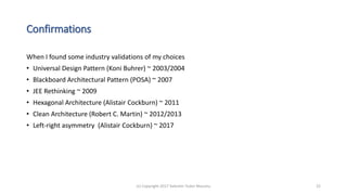 Confirmations
When I found some industry validations of my choices
• Universal Design Pattern (Koni Buhrer) ~ 2003/2004
• Blackboard Architectural Pattern (POSA) ~ 2007
• JEE Rethinking ~ 2009
• Hexagonal Architecture (Alistair Cockburn) ~ 2011
• Clean Architecture (Robert C. Martin) ~ 2012/2013
• Left-right asymmetry (Alistair Cockburn) ~ 2017
(c) Copyright 2017 Valentin Tudor Mocanu 22
 