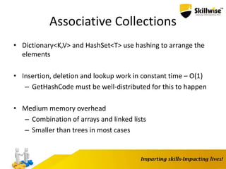 Associative Collections
• Dictionary<K,V> and HashSet<T> use hashing to arrange the
elements
• Insertion, deletion and lookup work in constant time – O(1)
– GetHashCode must be well-distributed for this to happen
• Medium memory overhead
– Combination of arrays and linked lists
– Smaller than trees in most cases
 
