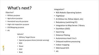 What's next?
Objective?
• Military purpose
• Agriculture purpose
• Homeland security purpose
• High-risk Inspection purpose
• GIS/Mapping purpose
• etc
Integration?
• ROS Robotic Operating System
• FlightGear
• AI (follow me, follow object, etc)
• Redudancy (switching FC)
• Integration to Map Server / library
• DashWare (OSD)
• Swarming
• Distance Piloting
• Autonomous level 2 to 5
• Onboard realtime processing
• Indoor mapping
• Web based GCS
• etc
Vehicle?
• Military Target Drone
• Special purpose drone (remote sensing)
• ROV
• Rover
• AGV
• Boat
 