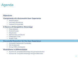 Agenda  Objectives Components of a Successful User Experience Design & Brand Information Architecture Features & Functionality A Source of Competitive Advantage Personalization Channel Access  Data Access Self Education and Service  Collaboration Tools  Analytic Tools Successful Execution for the User Experience Successful Features and Functionality Site Development Driving Traffic and Adoption Illustrations in Differentiation Scenario #1: Competitive Advantage through Personalization Scenario #2: Competitive Advantage through Collaboration 
