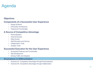 Agenda  Objectives Components of a Successful User Experience Design & Brand Information Architecture Features & Functionality A Source of Competitive Advantage Personalization Channel Access  Data Access Self Education and Service  Collaboration Tools  Analytic Tools Successful Execution for the User Experience Successful Features and Functionality Site Development Driving Traffic and Adoption Illustrations in Differentiation Scenario #1: Competitive Advantage through Personalization Scenario #2: Competitive Advantage through Collaboration 