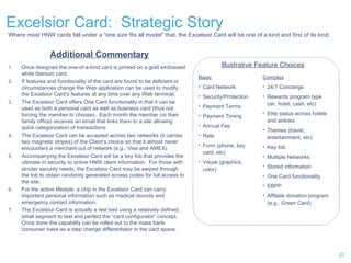 Excelsior Card:  Strategic Story Additional Commentary Once designed the one-of-a-kind card is printed on a gold embossed white titanium card. If features and functionality of the card are found to be deficient or circumstances change the Web application can be used to modify the Excelsior Card’s features at any time over any Web terminal. The Excelsior Card offers One Card functionality in that it can be used as both a personal card as well as business card (thus not forcing the member to choose).  Each month the member (or their family office) receives an email that links them to a site allowing quick categorization of transactions. The Excelsior Card can be accepted across two networks (it carries two magnetic stripes) of the Client’s choice so that it almost never encounters a merchant out of network (e.g., Visa and AMEX) Accompanying the Excelsior Card will be a key fob that provides the ultimate in security to online HNW client information.  For those with stricter security needs, the Excelsior Card may be swiped through the fob to obtain randomly generated access codes for full access to the site. For the active lifestyle, a chip in the Excelsior Card can carry important personal information such as medical records and emergency contact information. The Excelsior Card is actually a test bed using a relatively defined, small segment to test and perfect the “card configurator” concept.  Once done the capability can be rolled out to the mass bank consumer base as a step change differentiator in the card space. Where most HNW cards fall under a “one size fits all model” that, the Excelsior Card will be one of a kind and first of its kind. Illustrative Feature Choices Basic Card Network Security/Protection Payment Terms Payment Timing Annual Fee Rate Form (phone, key card, etc) Visual (graphics, color) Complex 24/7 Concierge Rewards program type (air, hotel, cash, etc) Elite status across hotels and airlines Themes (travel, entertainment, etc) Key fob Multiple Networks Stored information One Card functionality EBPP Affiliate donation program (e.g., Green Card) 
