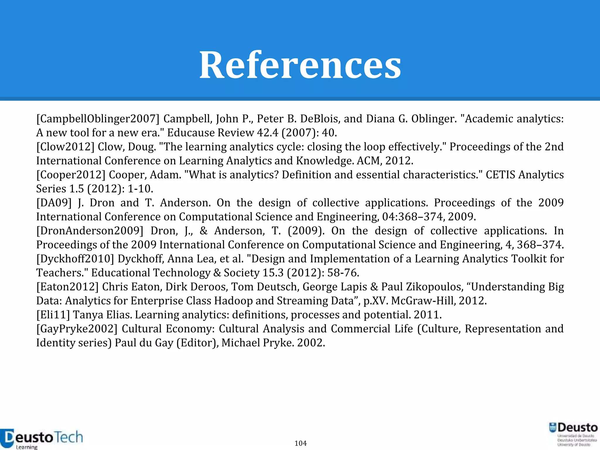 104
References
[CampbellOblinger2007] Campbell, John P., Peter B. DeBlois, and Diana G. Oblinger. "Academic analytics:
A new tool for a new era." Educause Review 42.4 (2007): 40.
[Clow2012] Clow, Doug. "The learning analytics cycle: closing the loop effectively." Proceedings of the 2nd
International Conference on Learning Analytics and Knowledge. ACM, 2012.
[Cooper2012] Cooper, Adam. "What is analytics? Definition and essential characteristics." CETIS Analytics
Series 1.5 (2012): 1-10.
[DA09] J. Dron and T. Anderson. On the design of collective applications. Proceedings of the 2009
International Conference on Computational Science and Engineering, 04:368–374, 2009.
[DronAnderson2009] Dron, J., & Anderson, T. (2009). On the design of collective applications. In
Proceedings of the 2009 International Conference on Computational Science and Engineering, 4, 368–374.
[Dyckhoff2010] Dyckhoff, Anna Lea, et al. "Design and Implementation of a Learning Analytics Toolkit for
Teachers." Educational Technology & Society 15.3 (2012): 58-76.
[Eaton2012] Chris Eaton, Dirk Deroos, Tom Deutsch, George Lapis & Paul Zikopoulos, “Understanding Big
Data: Analytics for Enterprise Class Hadoop and Streaming Data”, p.XV. McGraw-Hill, 2012.
[Eli11] Tanya Elias. Learning analytics: definitions, processes and potential. 2011.
[GayPryke2002] Cultural Economy: Cultural Analysis and Commercial Life (Culture, Representation and
Identity series) Paul du Gay (Editor), Michael Pryke. 2002.
 