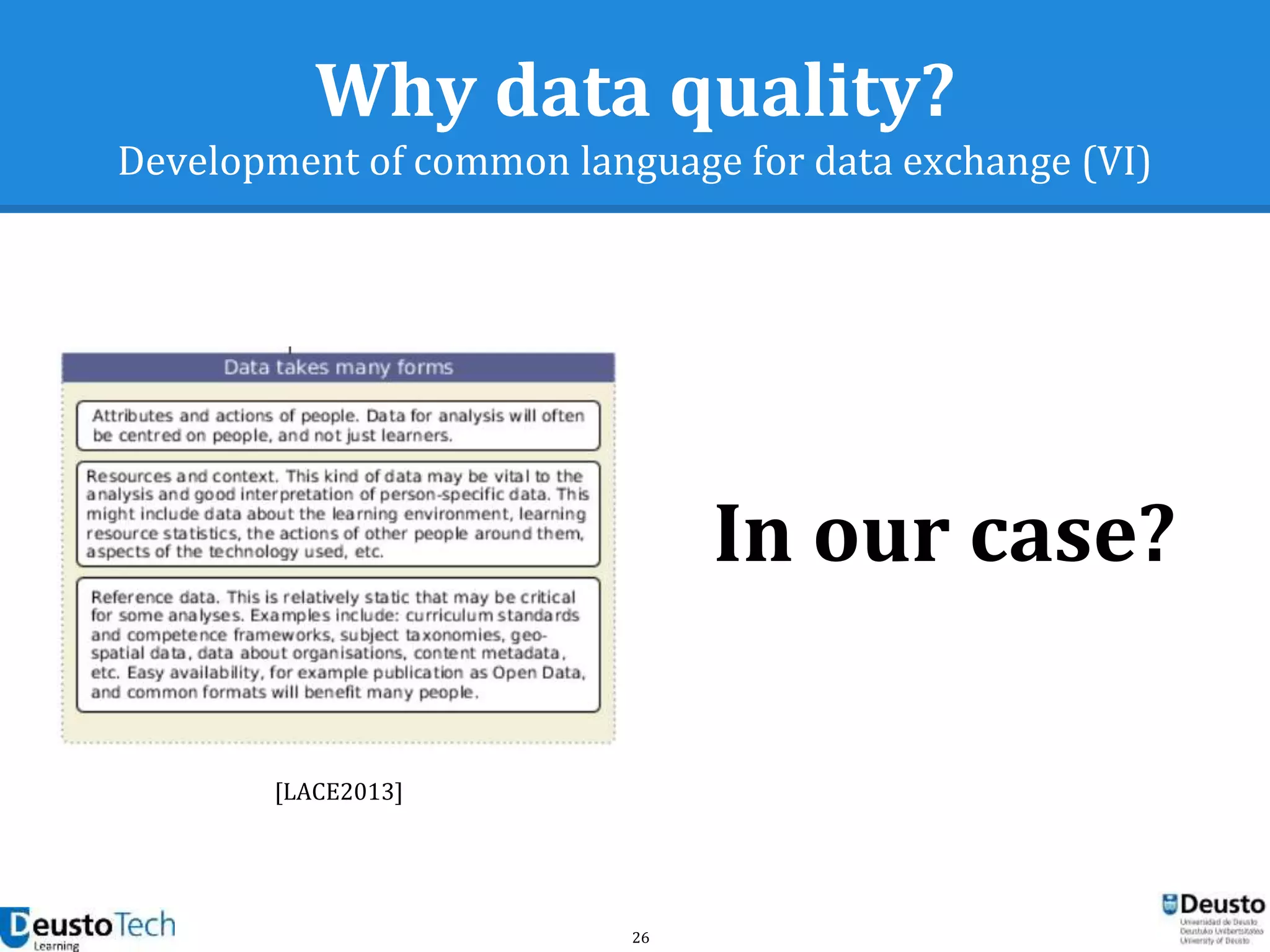 26
Why data quality?
Development of common language for data exchange (VI)
[LACE2013]
In our case?
 