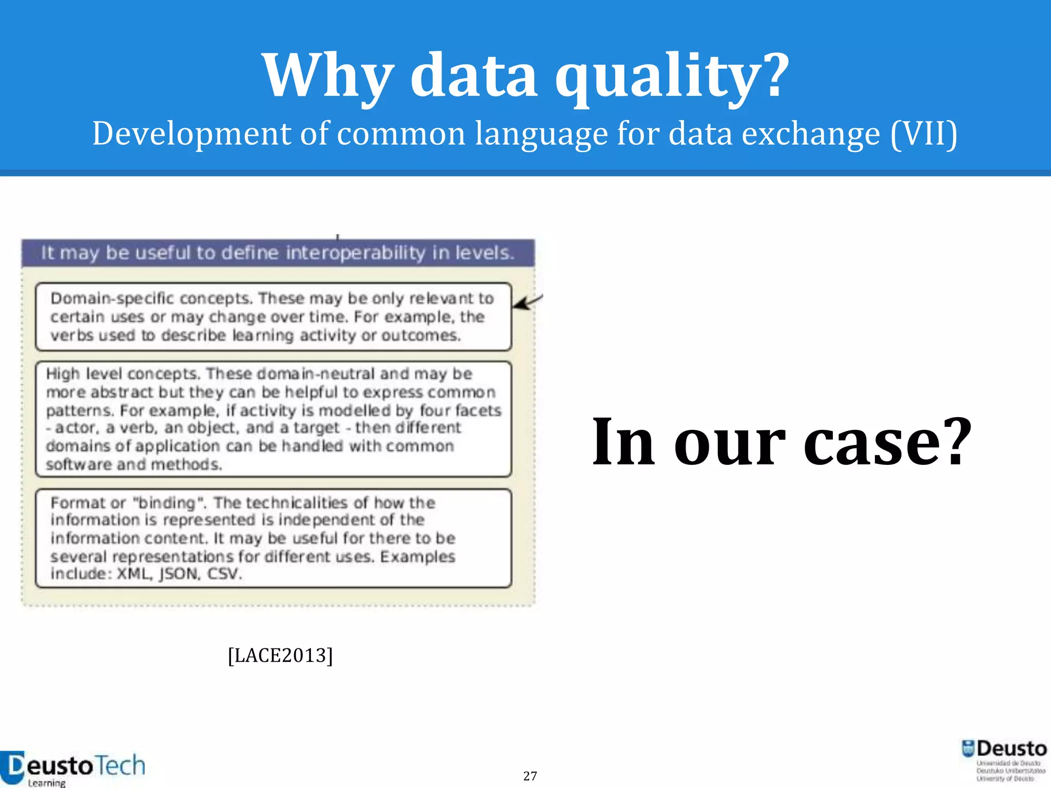 27
Why data quality?
Development of common language for data exchange (VII)
[LACE2013]
In our case?
 