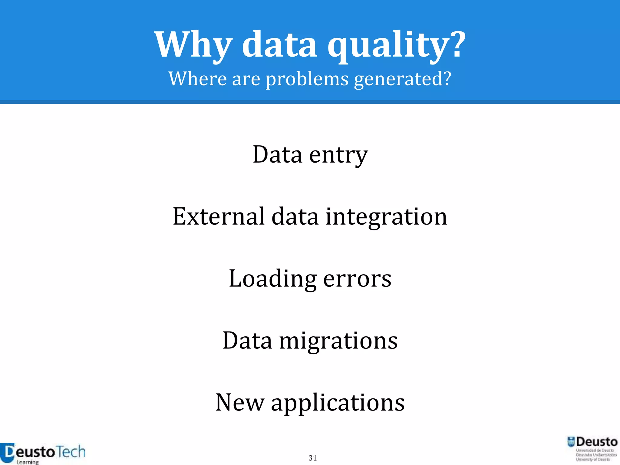 31
Why data quality?
Where are problems generated?
Data entry
External data integration
Loading errors
Data migrations
New applications
 