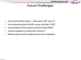 Future Challenges  Universities White Paper – released on 28 th  June 11 International graduate DLHE survey starting in 2012 Sustainability of the projects started under PMI2? Careers guidance or placement services? Addressing the skills needed by overseas employers 