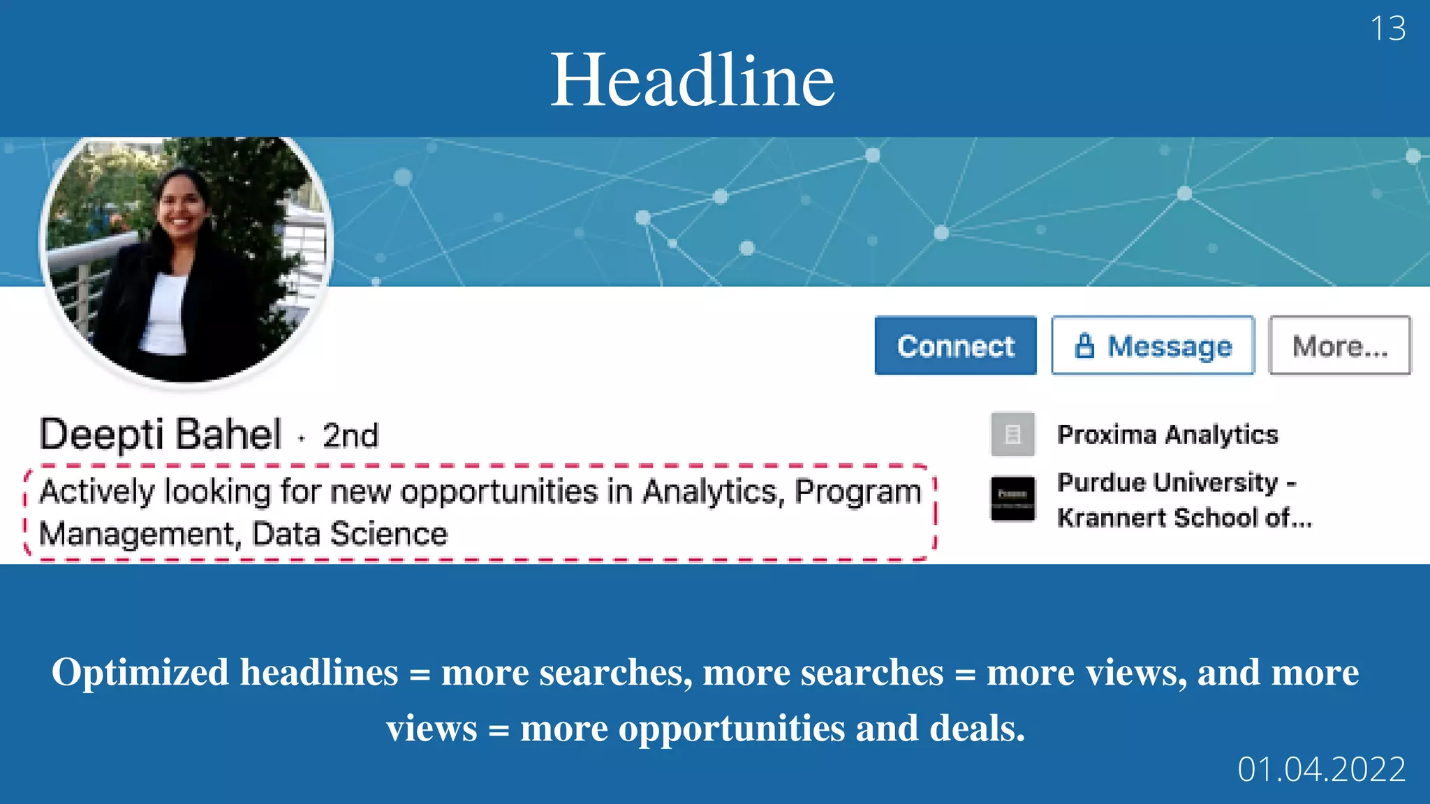 Optimized headlines = more searches, more searches = more views, and more
views = more opportunities and deals.
Headline
13
01.04.2022
 