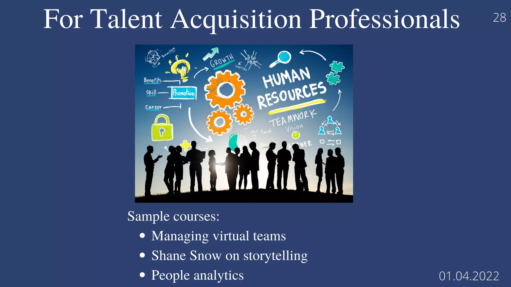 For Talent Acquisition Professionals
Managing virtual teams
Shane Snow on storytelling
People analytics
Sample courses:
01.04.2022
28
 