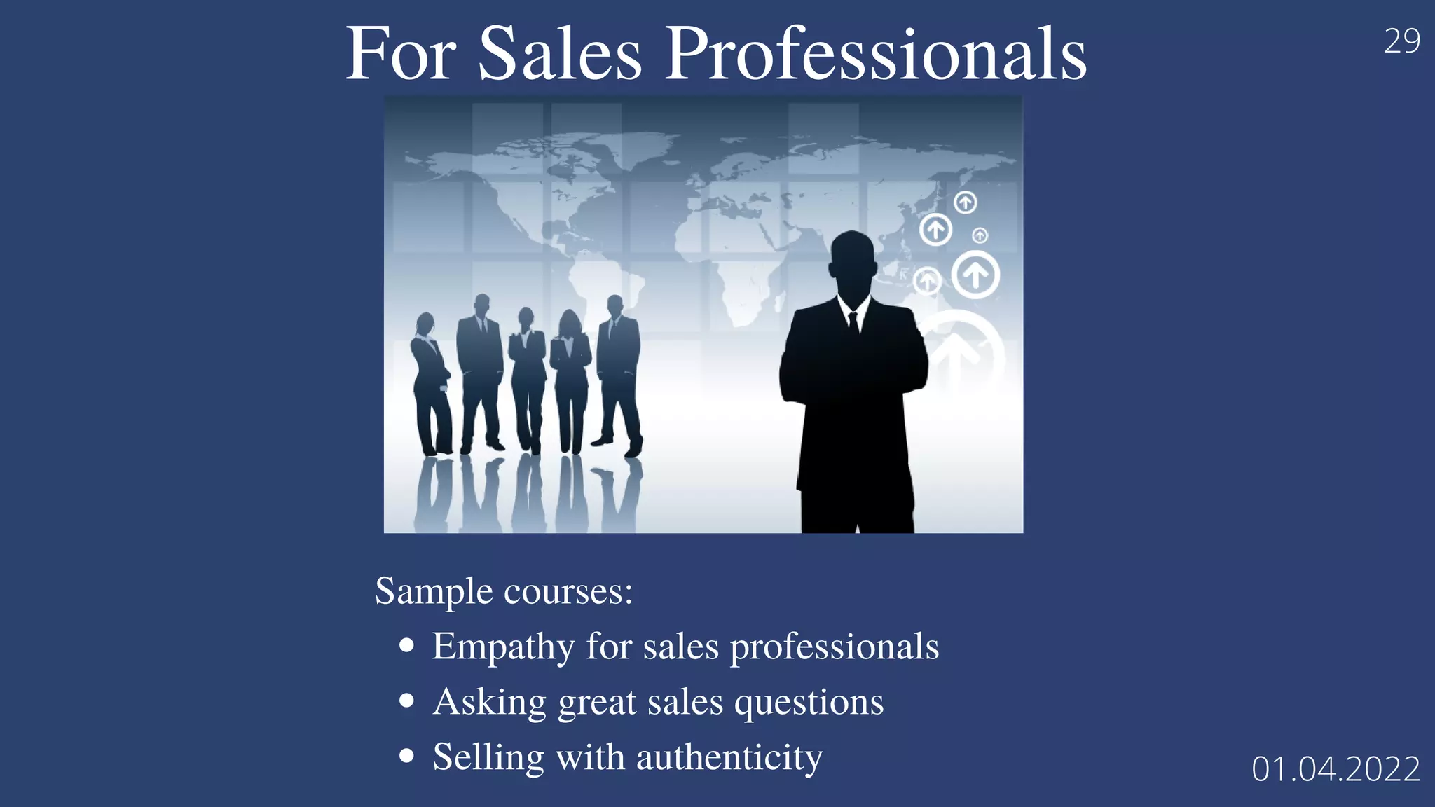For Sales Professionals
Empathy for sales professionals
Asking great sales questions
Selling with authenticity
Sample courses:
29
01.04.2022
 