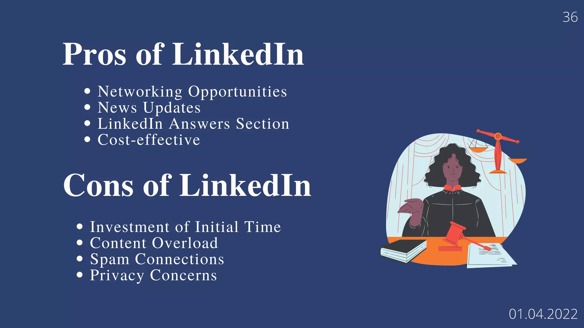 Pros of LinkedIn
Networking Opportunities
News Updates
LinkedIn Answers Section
Cost-effective
Cons of LinkedIn
Investment of Initial Time
Content Overload
Spam Connections
Privacy Concerns
01.04.2022
36
 