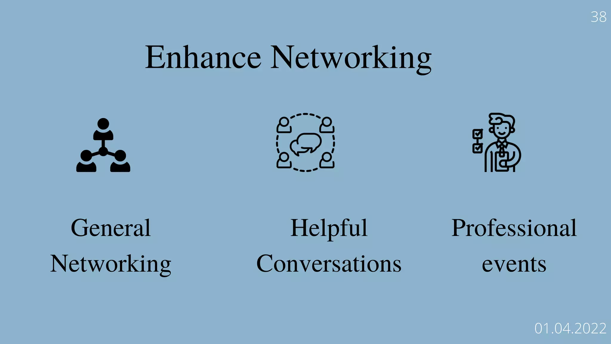 Enhance Networking
General
Networking
Helpful
Conversations
Professional
events
38
01.04.2022
 