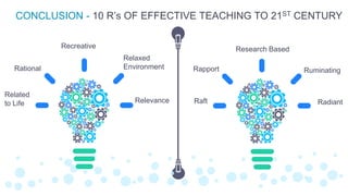 CONCLUSION - 10 R’s OF EFFECTIVE TEACHING TO 21ST CENTURY
Relevance
Recreative
Rational
Related
to Life
Relaxed
Environment
Research Based
Rapport
Raft
Ruminating
Radiant
 