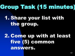 17
Group Task (15 minutes)
1. Share your list with
the group.
2. Come up with at least
five (5) common
answers.
 