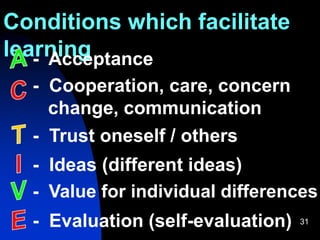 31
Conditions which facilitate
learning- Acceptance
- Cooperation, care, concern
change, communication
- Trust oneself / others
- Ideas (different ideas)
- Value for individual differences
- Evaluation (self-evaluation)
 