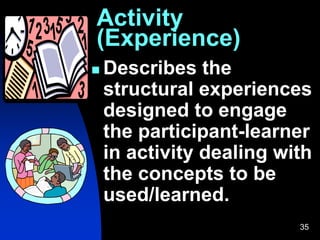 35
Activity
(Experience)
 Describes the
structural experiences
designed to engage
the participant-learner
in activity dealing with
the concepts to be
used/learned.
 