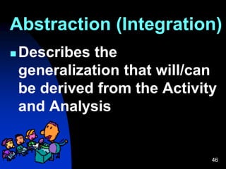 46
Abstraction (Integration)
 Describes the
generalization that will/can
be derived from the Activity
and Analysis
 