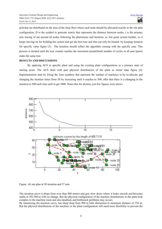 Innovative Systems Design and Engineering

www.iiste.org

ISSN 2222-1727 (Paper) ISSN 2222-2871 (Online)
Vol.4, No.12, 2013

grid that are distributed on the area of the shop floor where each node should be allocated exactly in the site plan
configuration, D is the symbol to generate matrix that represents the distance between nodes, t is the primary
ants tracing of ant around all nodes following the pheromone and Iteration. as Ant great system builder, so it
keeps moving on for building the system and get the best tour and that can only be limited by keeping iteration
for specific value figure (3). The iteration should reflect the algorithm coming with the specific case. This
process is iterated until the tour counter reaches the maximum (predefined) number of cycles or all ants (parts)
make the same tour.
RESULTS AND DISCUSSIONS
By applying ACS to specific plant and using the existing plant configurations as a primary state of
starting point. The ACS dealt with past physical distributions of the plant as initial state figure (4).
Implementation start by fixing the Ants numbers that represent the number of machines to be re-allocate and
changing the iteration times from 50 by increasing until it reaches to 500, after that there is a changing in the
iteration to 500 each time until to get 3000. Notes that for shorten, just few figures were shows.

Figure (4) site plan at 50 iteration and 37 ants

The iteration curve is drops from over than 800 meters and gets slow down where it looks smooth and becomes
stable at 392.580 m with no change. But the physical configuration of the machine distributions in the plant look
complex to the machine route and also deadlock and bottleneck problems may occurs.
By monitoring the iteration curve, has sharp drop from 900 m little distraction to minimum distance of 356 m.
But the physical distributions of the machine or the plant configuration still need more flexibility to prevent the

9

 