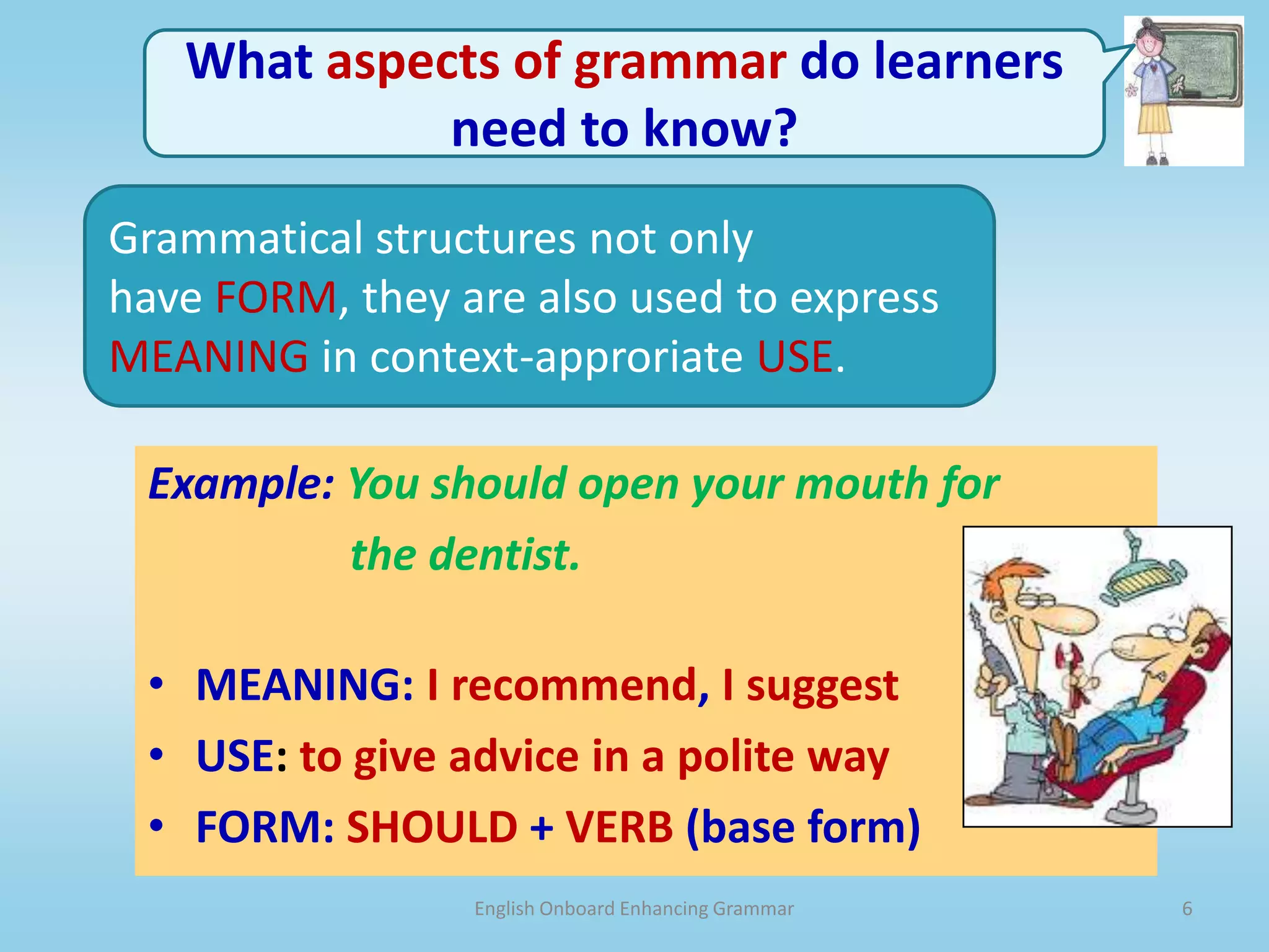 English Onboard Enhancing Grammar6What aspects of grammar do learners need to know?Grammatical structures not onlyhave FORM, they are also used to express MEANING in context-approriate USE.Example: You should open your mouth for                   the dentist.MEANING:I recommend,I suggestUSE: to give advice in a polite wayFORM: SHOULD+VERB(base form)
