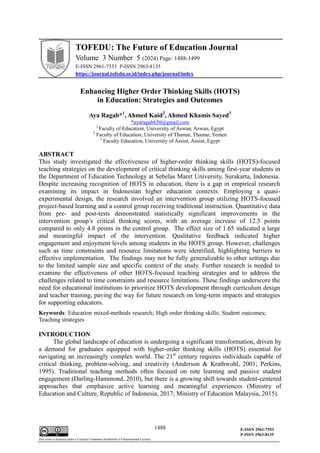 Enhancing Higher Order Thinking Skills (HOTS) in Education; Strategies ...