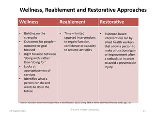 28 August 2015 © Carrie Hayter Consulting 11
Wellness Reablement Restorative
• Building on the
strengths
• Outcomes for pe...