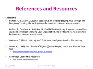 References and Resources
Leadership
• Heifetz, R., & Linksy, M., (2002) Leadership on the Line: Staying Alive through the
...