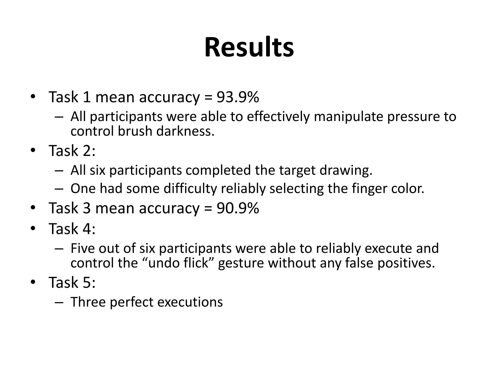 Results
• Task 1 mean accuracy = 93.9%
– All participants were able to effectively manipulate pressure to
control brush darkness.
• Task 2:
– All six participants completed the target drawing.
– One had some difficulty reliably selecting the finger color.
• Task 3 mean accuracy = 90.9%
• Task 4:
– Five out of six participants were able to reliably execute and
control the “undo flick” gesture without any false positives.
• Task 5:
– Three perfect executions
 