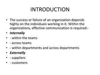INTRODUCTION
• The success or failure of an organization depends
highly on the individuals working in it. Within the
organizations, effective communication is required:-
• Internally
• - within the teams
• - across teams
• - within departments and across departments
• Externally
• - suppliers
• - customers
 