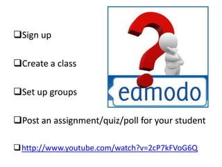 Sign up
Create a class

Set up groups
Post an assignment/quiz/poll for your student
http://www.youtube.com/watch?v=2cP7kFVoG6Q

 