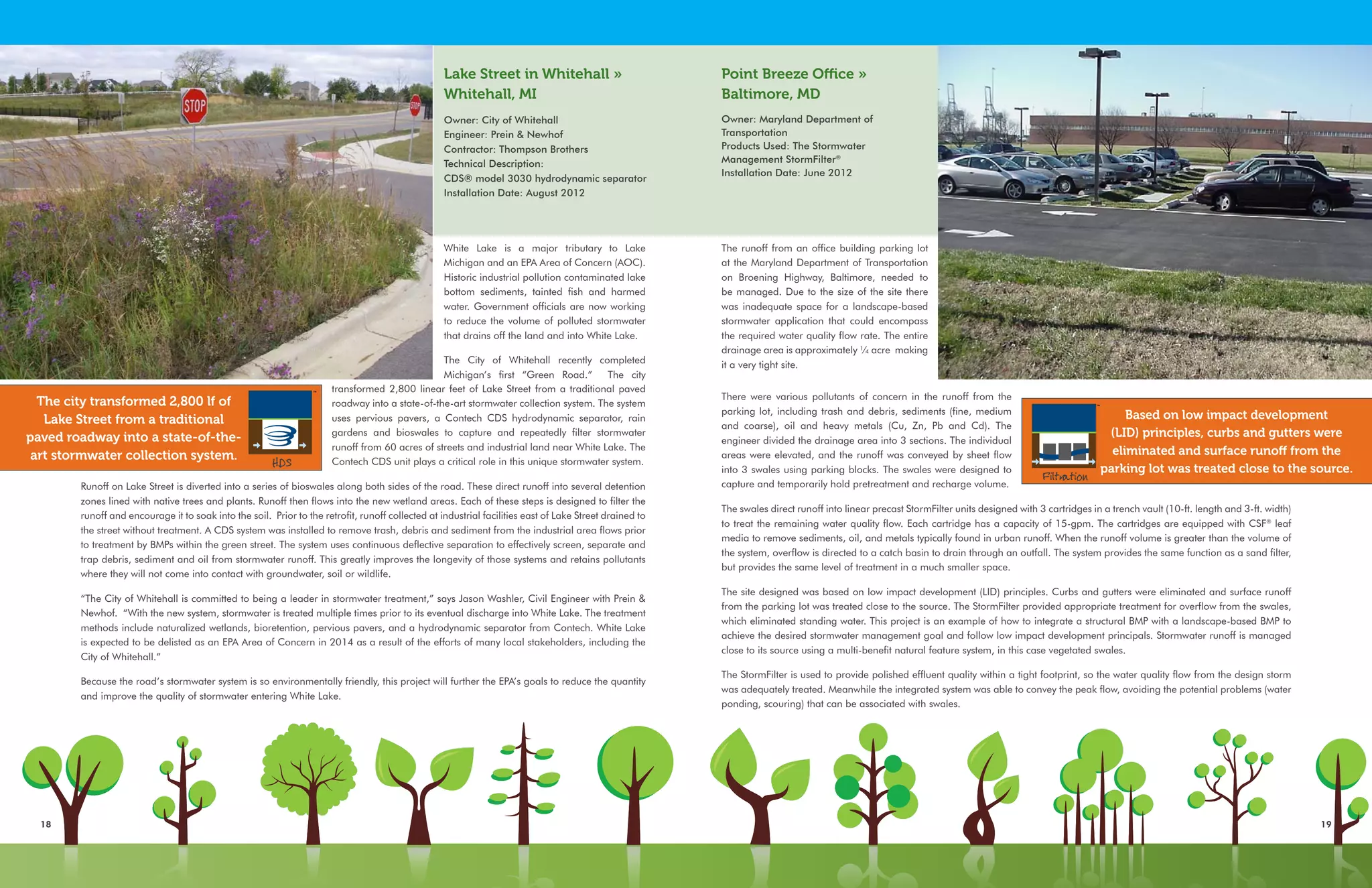 How Manufactured BMP’s Contribute to Low Impact Development 
Lake Street in Whitehall » 
Whitehall, MI 
Owner: City of Whitehall 
Engineer: Prein & Newhof 
Contractor: Thompson Brothers 
Technical Description: 
CDS® model 3030 hydrodynamic separator 
Installation Date: August 2012 
The city transformed 2,800 lf of 
Lake Street from a traditional 
paved roadway into a state-of-the-art 
stormwater collection system. HDS 
Point Breeze Office » 
Baltimore, MD 
Owner: Maryland Department of 
Transportation 
Products Used: The Stormwater 
Management StormFilter® 
Installation Date: June 2012 
Based on low impact development 
(LID) principles, curbs and gutters were 
eliminated and surface runoff from the 
parking lot was treated close to the source. Filtration 
18 19 
2014 | www.ContechES.com/Stormwater-Blog 
White Lake is a major tributary to Lake 
Michigan and an EPA Area of Concern (AOC). 
Historic industrial pollution contaminated lake 
bottom sediments, tainted fish and harmed 
water. Government officials are now working 
to reduce the volume of polluted stormwater 
that drains off the land and into White Lake. 
The City of Whitehall recently completed 
Michigan’s first “Green Road.” The city 
transformed 2,800 linear feet of Lake Street from a traditional paved 
roadway into a state-of-the-art stormwater collection system. The system 
uses pervious pavers, a Contech CDS hydrodynamic separator, rain 
gardens and bioswales to capture and repeatedly filter stormwater 
runoff from 60 acres of streets and industrial land near White Lake. The 
Contech CDS unit plays a critical role in this unique stormwater system. 
Runoff on Lake Street is diverted into a series of bioswales along both sides of the road. These direct runoff into several detention 
zones lined with native trees and plants. Runoff then flows into the new wetland areas. Each of these steps is designed to filter the 
runoff and encourage it to soak into the soil. Prior to the retrofit, runoff collected at industrial facilities east of Lake Street drained to 
the street without treatment. A CDS system was installed to remove trash, debris and sediment from the industrial area flows prior 
to treatment by BMPs within the green street. The system uses continuous deflective separation to effectively screen, separate and 
trap debris, sediment and oil from stormwater runoff. This greatly improves the longevity of those systems and retains pollutants 
where they will not come into contact with groundwater, soil or wildlife. 
“The City of Whitehall is committed to being a leader in stormwater treatment,” says Jason Washler, Civil Engineer with Prein & 
Newhof. “With the new system, stormwater is treated multiple times prior to its eventual discharge into White Lake. The treatment 
methods include naturalized wetlands, bioretention, pervious pavers, and a hydrodynamic separator from Contech. White Lake 
is expected to be delisted as an EPA Area of Concern in 2014 as a result of the efforts of many local stakeholders, including the 
City of Whitehall.” 
Because the road’s stormwater system is so environmentally friendly, this project will further the EPA’s goals to reduce the quantity 
and improve the quality of stormwater entering White Lake. 
The runoff from an office building parking lot 
at the Maryland Department of Transportation 
on Broening Highway, Baltimore, needed to 
be managed. Due to the size of the site there 
was inadequate space for a landscape-based 
stormwater application that could encompass 
the required water quality flow rate. The entire 
drainage area is approximately ¼ acre making 
it a very tight site. 
There were various pollutants of concern in the runoff from the 
parking lot, including trash and debris, sediments (fine, medium 
and coarse), oil and heavy metals (Cu, Zn, Pb and Cd). The 
engineer divided the drainage area into 3 sections. The individual 
areas were elevated, and the runoff was conveyed by sheet flow 
into 3 swales using parking blocks. The swales were designed to 
capture and temporarily hold pretreatment and recharge volume. 
The swales direct runoff into linear precast StormFilter units designed with 3 cartridges in a trench vault (10-ft. length and 3-ft. width) 
to treat the remaining water quality flow. Each cartridge has a capacity of 15-gpm. The cartridges are equipped with CSF® leaf 
media to remove sediments, oil, and metals typically found in urban runoff. When the runoff volume is greater than the volume of 
the system, overflow is directed to a catch basin to drain through an outfall. The system provides the same function as a sand filter, 
but provides the same level of treatment in a much smaller space. 
The site designed was based on low impact development (LID) principles. Curbs and gutters were eliminated and surface runoff 
from the parking lot was treated close to the source. The StormFilter provided appropriate treatment for overflow from the swales, 
which eliminated standing water. This project is an example of how to integrate a structural BMP with a landscape-based BMP to 
achieve the desired stormwater management goal and follow low impact development principals. Stormwater runoff is managed 
close to its source using a multi-benefit natural feature system, in this case vegetated swales. 
The StormFilter is used to provide polished effluent quality within a tight footprint, so the water quality flow from the design storm 
was adequately treated. Meanwhile the integrated system was able to convey the peak flow, avoiding the potential problems (water 
ponding, scouring) that can be associated with swales. 
 