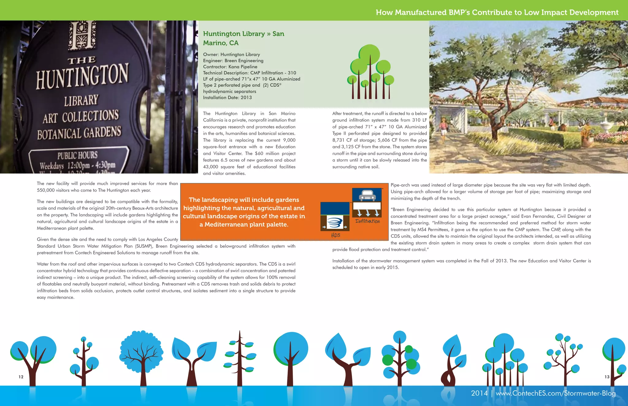 How Manufactured BMP’s Contribute to Low Impact Development 
12 13 
2014 | www.ContechES.com/Stormwater-Blog 
The Huntington Library in San Marino 
California is a private, nonprofit institution that 
encourages research and promotes education 
in the arts, humanities and botanical sciences. 
The library is replacing the current 9,000 
square-foot entrance with a new Education 
and Visitor Center. The $60 million project 
features 6.5 acres of new gardens and about 
43,000 square feet of educational facilities 
and visitor amenities. 
After treatment, the runoff is directed to a below 
ground infiltration system made from 310 LF 
of pipe-arched 71” x 47” 10 GA Aluminized 
Type II perforated pipe designed to provided 
8,731 CF of storage; 5,606 CF from the pipe 
and 3,125 CF from the stone. The system stores 
runoff in the pipe and surrounding stone during 
a storm until it can be slowly released into the 
surrounding native soil. 
Huntington Library » San 
Marino, CA 
Owner: Huntington Library 
Engineer: Breen Engineering 
Contractor: Kana Pipeline 
Technical Description: CMP Infiltration - 310 
LF of pipe-arched 71”x 47” 10 GA Aluminized 
Type 2 perforated pipe and (2) CDS® 
hydrodynamic separators 
Installation Date: 2013 
The new facility will provide much improved services for more than 
550,000 visitors who come to The Huntington each year. 
The new buildings are designed to be compatible with the formality, 
scale and materials of the original 20th-century Beaux-Arts architecture 
on the property. The landscaping will include gardens highlighting the 
natural, agricultural and cultural landscape origins of the estate in a 
Mediterranean plant palette. 
Given the dense site and the need to comply with Los Angeles County 
Standard Urban Storm Water Mitigation Plan (SUSMP), Breen Engineering selected a belowground infiltration system with 
pretreatment from Contech Engineered Solutions to manage runoff from the site. 
Water from the roof and other impervious surfaces is conveyed to two Contech CDS hydrodynamic separators. The CDS is a swirl 
concentrator hybrid technology that provides continuous deflective separation – a combination of swirl concentration and patented 
indirect screening – into a unique product. The indirect, self–cleaning screening capability of the system allows for 100% removal 
of floatables and neutrally buoyant material, without binding. Pretreament with a CDS removes trash and solids debris to protect 
infiltration beds from solids occlusion, protects outlet control structures, and isolates sediment into a single structure to provide 
easy maintenance. 
Pipe-arch was used instead of large diameter pipe because the site was very flat with limited depth. 
Using pipe-arch allowed for a larger volume of storage per foot of pipe; maximizing storage and 
minimizing the depth of the trench. 
“Breen Engineering decided to use this particular system at Huntington because it provided a 
concentrated treatment area for a large project acreage,” said Evan Fernandez, Civil Designer at 
Breen Engineering. “Infiltration being the recommended and preferred method for storm water 
treatment by MS4 Permittees, it gave us the option to use the CMP system. The CMP, along with the 
CDS units, allowed the site to maintain the original layout the architects intended, as well as utilizing 
the existing storm drain system in many areas to create a complex storm drain system that can 
provide flood protection and treatment control.” 
Installation of the stormwater management system was completed in the Fall of 2013. The new Education and Visitor Center is 
scheduled to open in early 2015. 
The landscaping will include gardens 
highlighting the natural, agricultural and 
cultural landscape origins of the estate in 
a Mediterranean plant palette. Infiltration 
HDS 
 