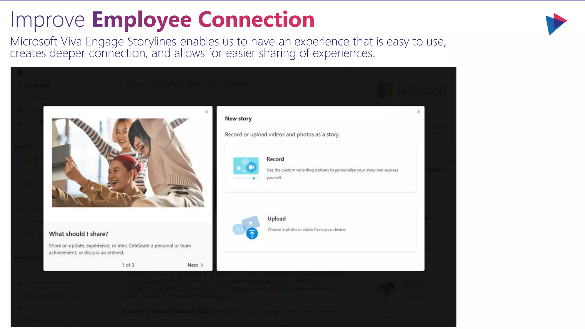 Microsoft Viva Engage Storylines enables us to have an experience that is easy to use,
creates deeper connection, and allows for easier sharing of experiences.
 
