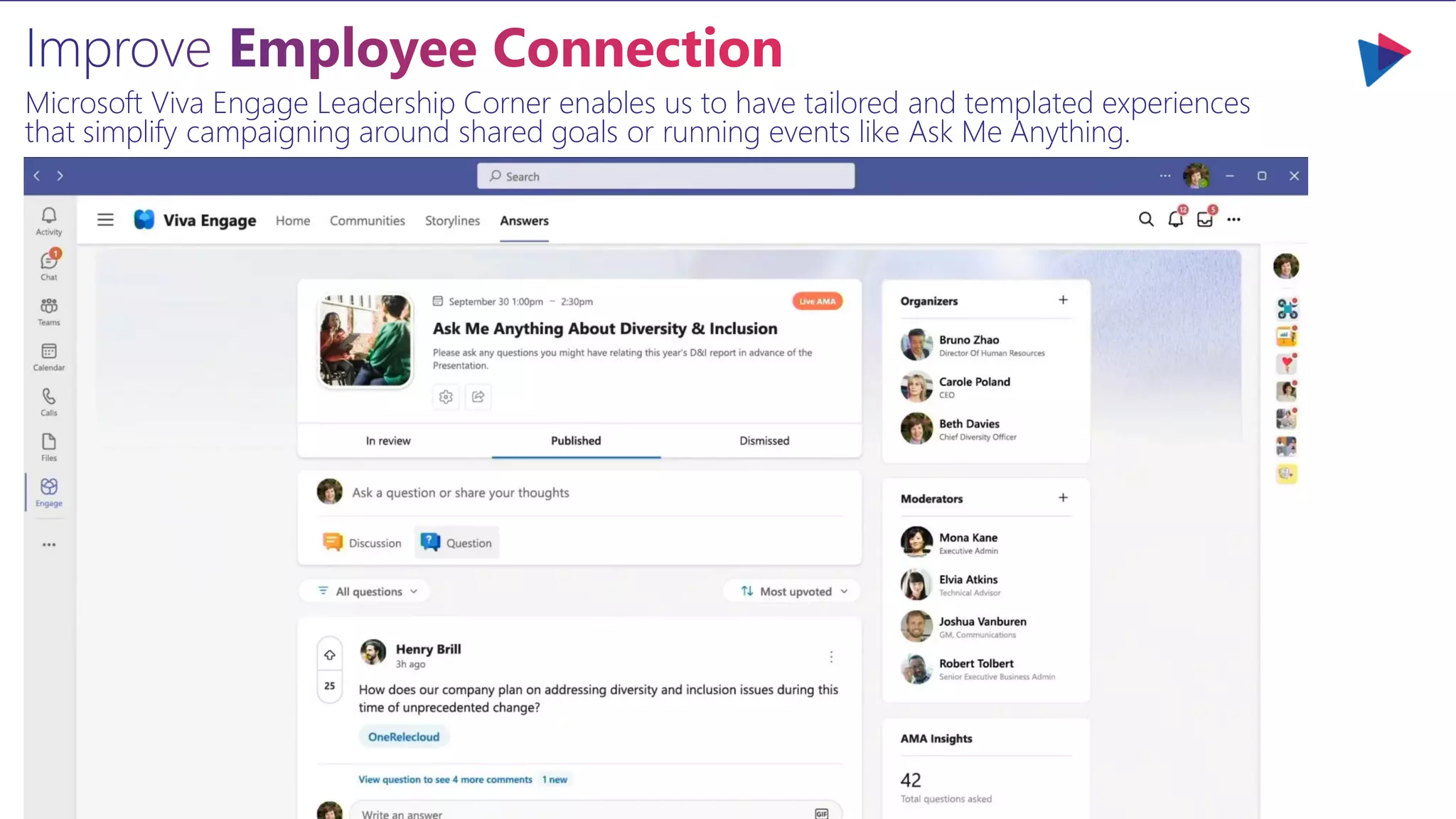 Microsoft Viva Engage Leadership Corner enables us to have tailored and templated experiences
that simplify campaigning around shared goals or running events like Ask Me Anything.
 
