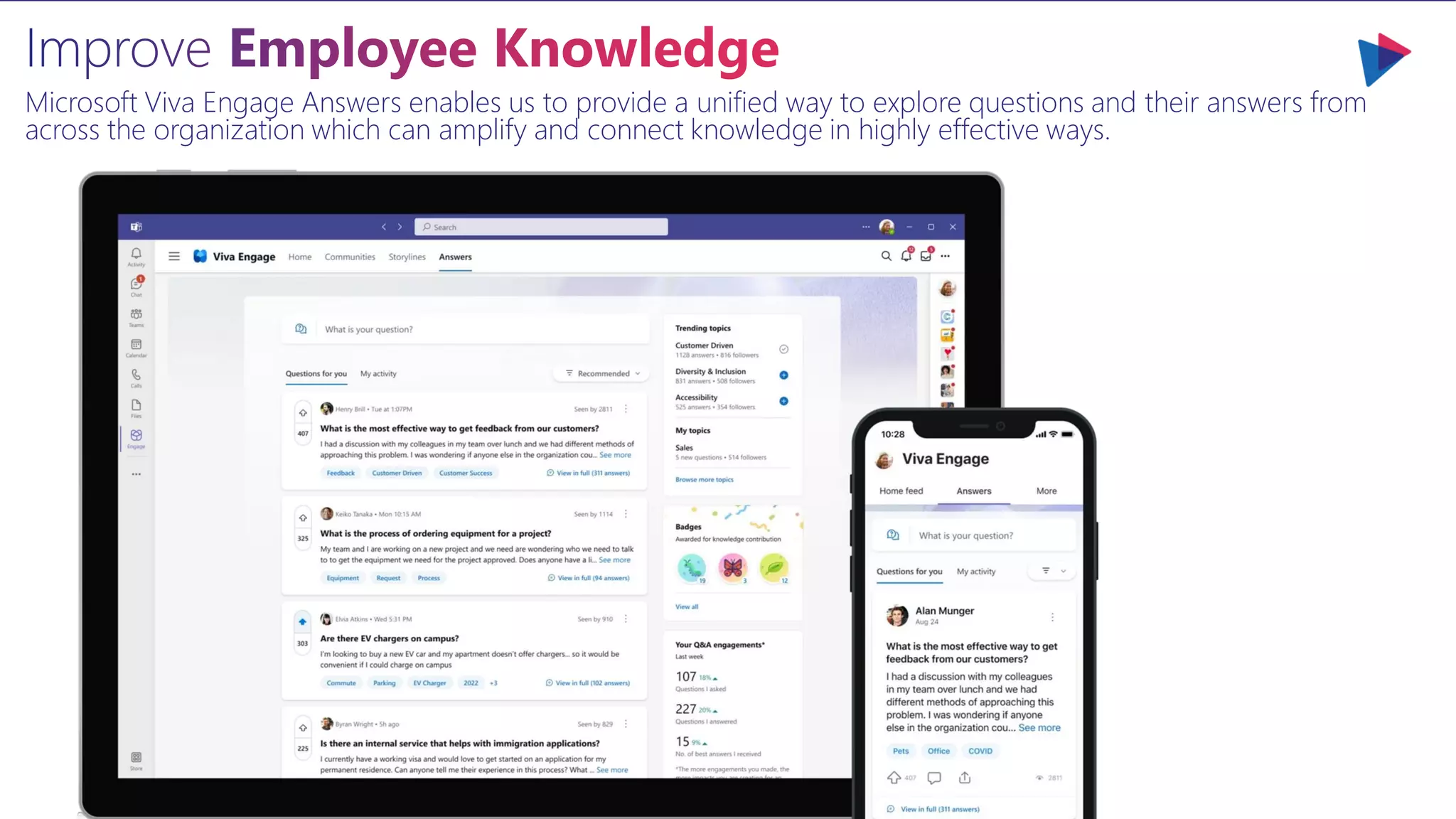 Microsoft Viva Engage Answers enables us to provide a unified way to explore questions and their answers from
across the organization which can amplify and connect knowledge in highly effective ways.
 